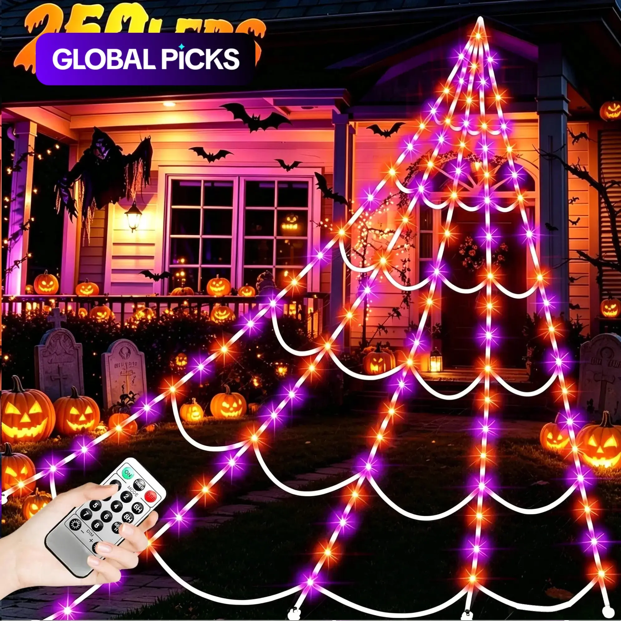 Outdoor Halloween Giant Spider Web LED Decor Light, 250 Triangle Spiders, 8 Modes, Remote Control, Waterproof, Party Atmosphere #GLOBAL PICKS