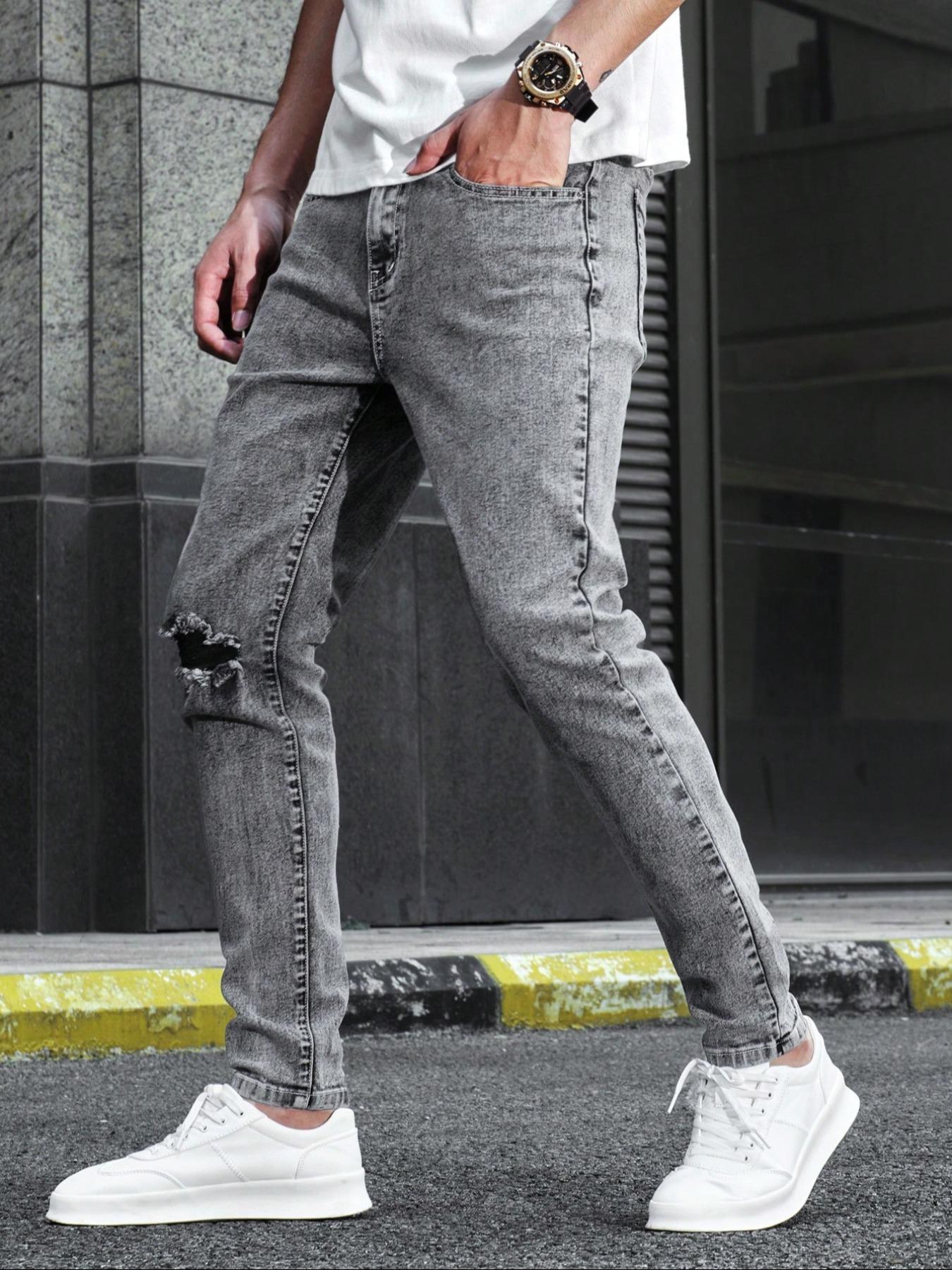 Men's Regular Fit Solid Color Ripped Skinny Jeans, Casual Comfy Denim Pants for Daily Wear, Fashion Men's Bottoms for All Seasons, Menswear, Streetwear, Denim Trouser