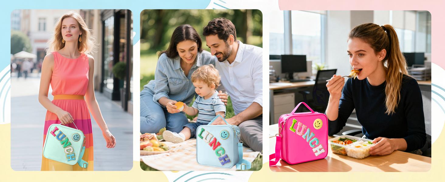 Insulated Lunch Bag with Adjustable Shoulder Strap, Nylon Preppy Lunch Box for Girls, Lightweight Leakproof Reusable Tote, Smiley Face Pattern, for School Travel Picnic, Pink – Bolsa de Almuerzo