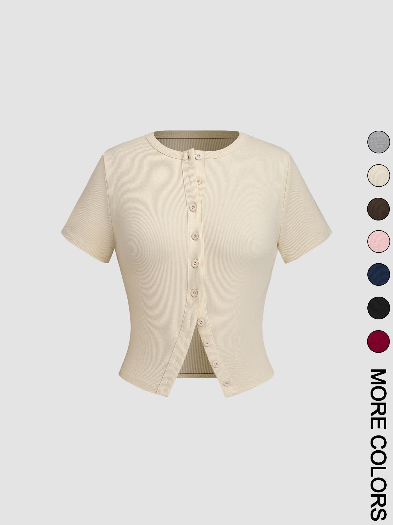 Women's Plain Button Front Crop Tee, Casual Short Sleeve T-shirt for Daily Wear, Ladies Clothes for All Seasons, Womenswear