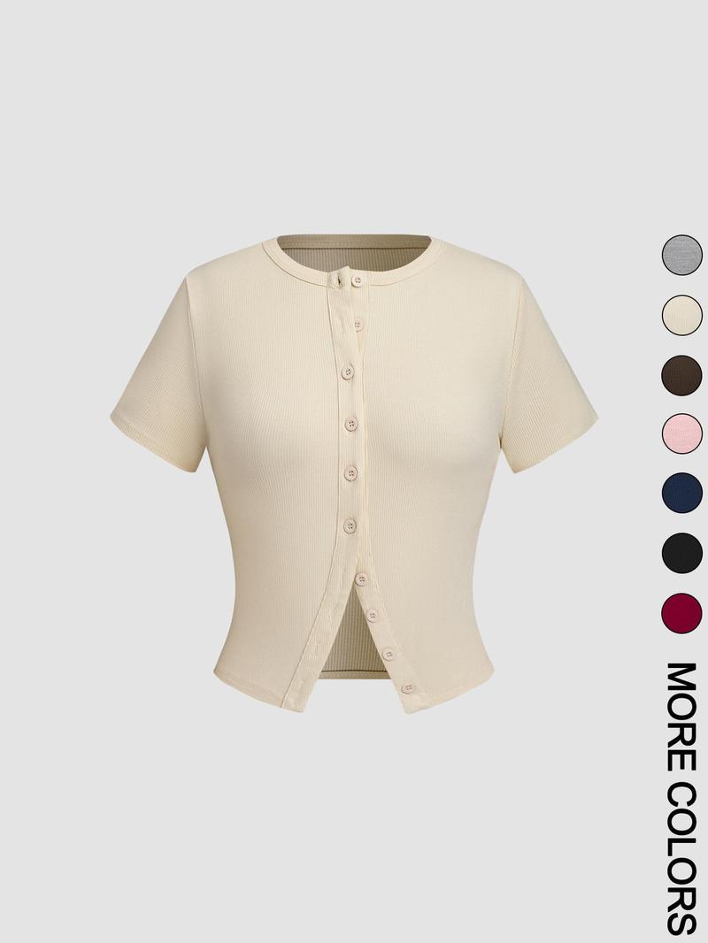 Women's Plain Button Front Crop Tee, Casual Short Sleeve T-shirt for Daily Wear, Ladies Clothes for All Seasons, Womenswear