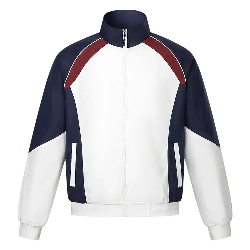 Color block stand collar zip up track jacket, navy and burgundy color splicing design, vertical slit side pockets, ribbed cuffs and hem, lightweight smooth fabric, relaxed vintage sport fit for campus and casual daily outfits
