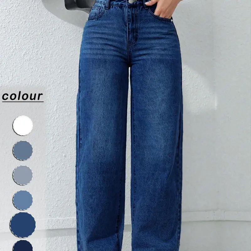 Women's Blue High Waist Jeans, Casual Long Pants with Pockets, Elastic Fabric, Loose Fit, All Seasons, Perfect for Daily Wear