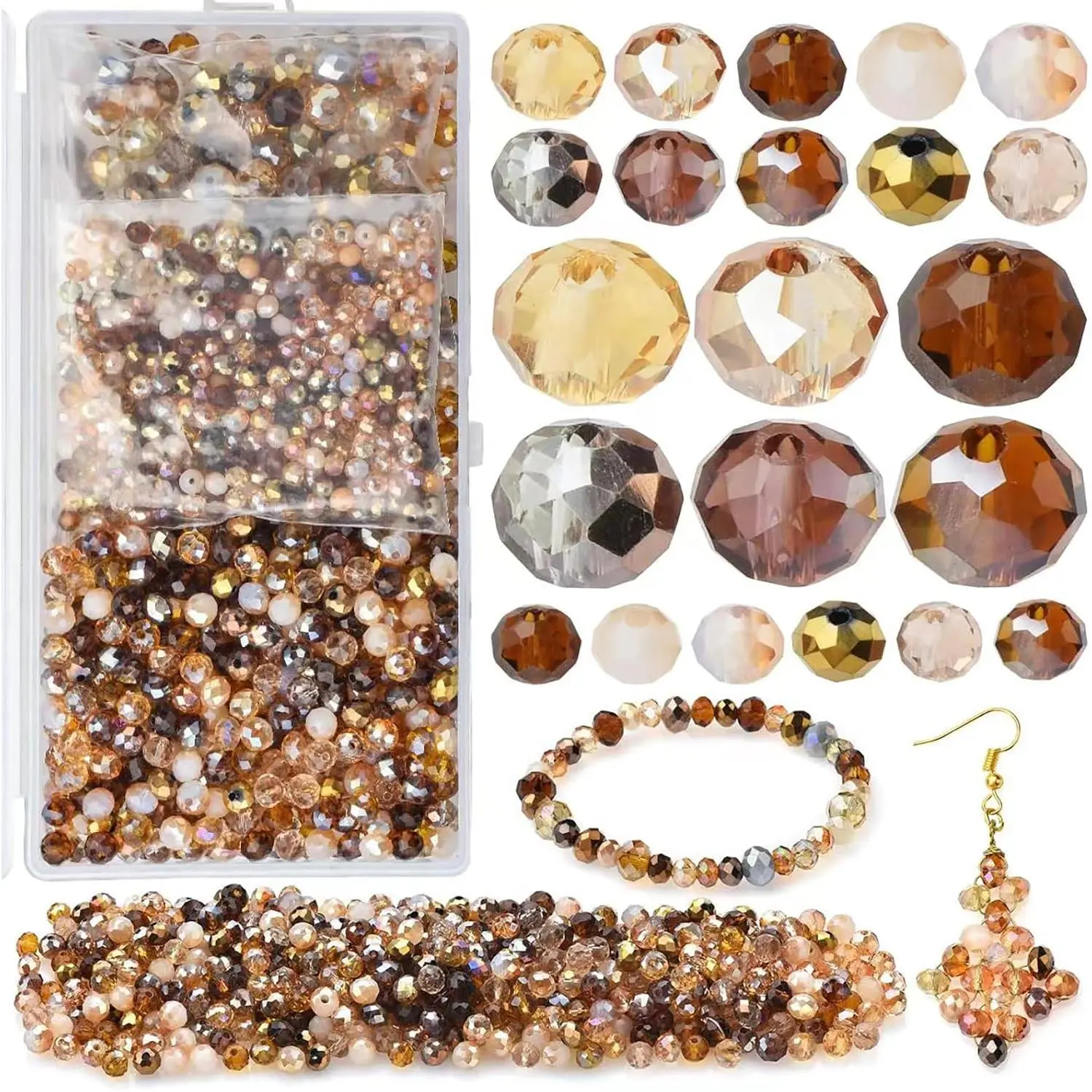 Faceted Rondelle Brown Glass Beads, 1000-Count Spacer Beads for Crafting & DIY Bracelets, Necklaces, 4/6/8mm Sizes, Jewelry Making Craft Supplies