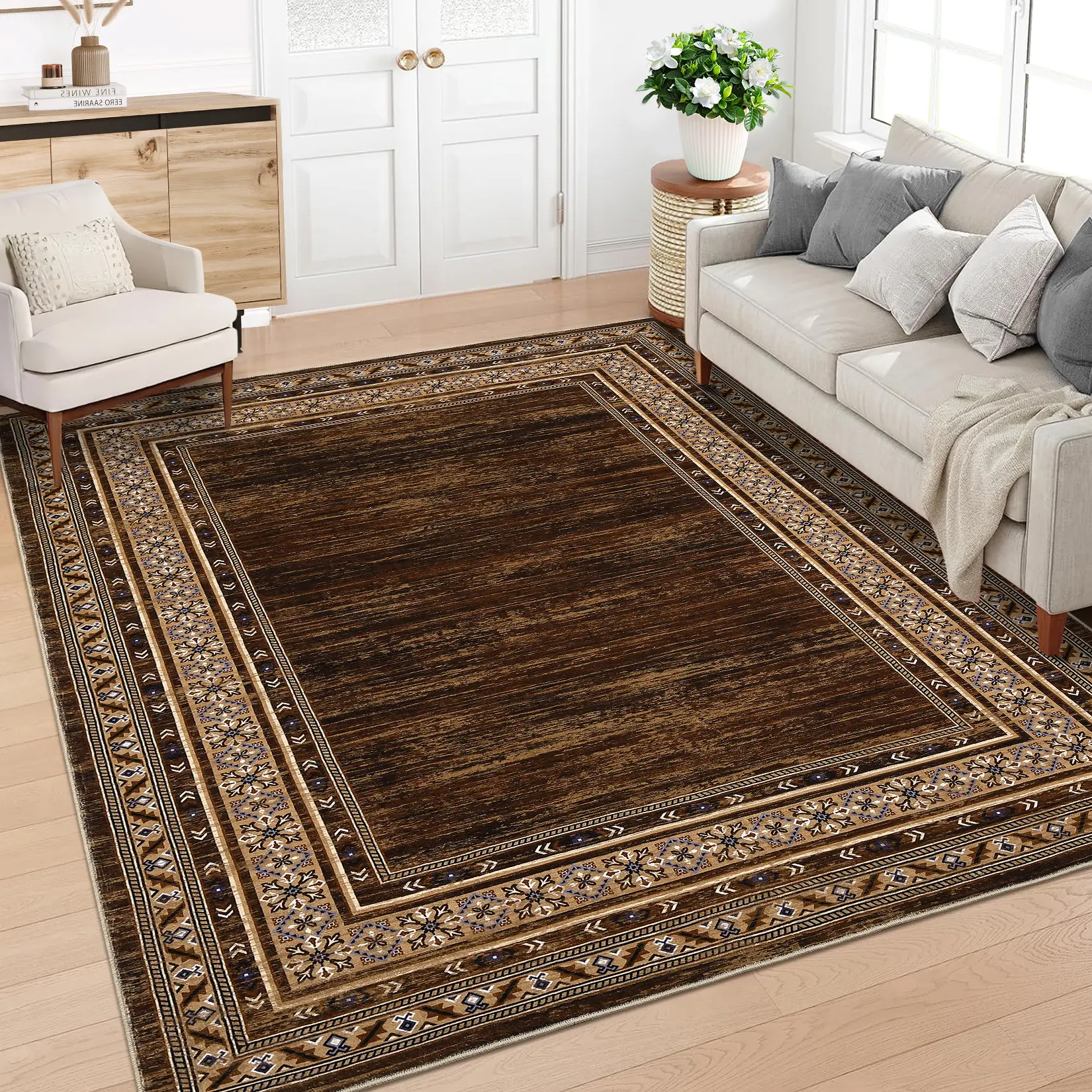 Washable Runner Rug Non Slip Foldable Modern Area Rug Pearl Velvet Low Pile Carpet for Hallway Kitchen Entryway Bedroom Red Brown 2 x 6 ft