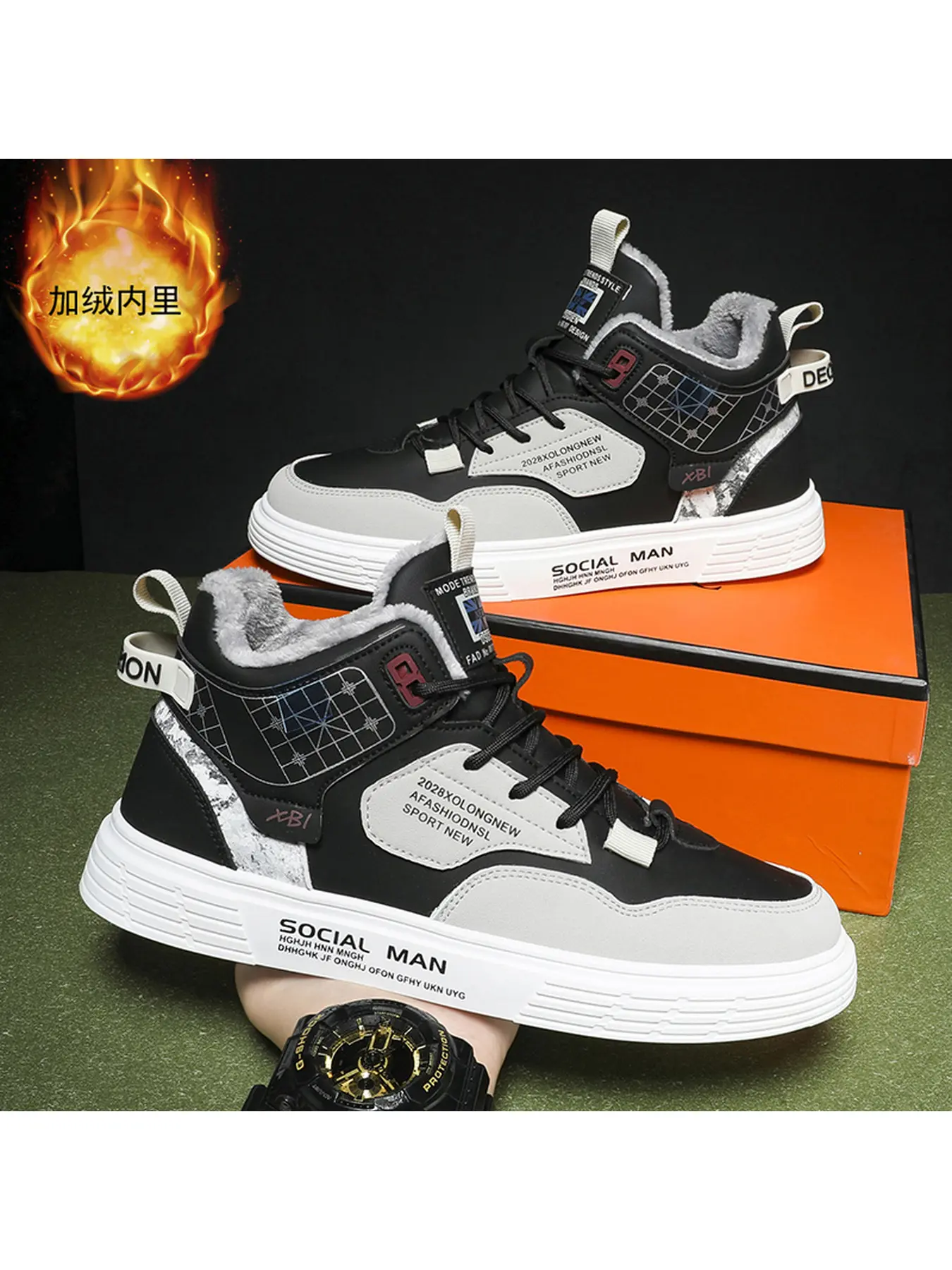 Men's Winter Fleece Lined High Top Sneakers Warm Fur Lined Skate Shoes Casual Lace Up Platform Board Shoes Cold Weather Walking Shoes