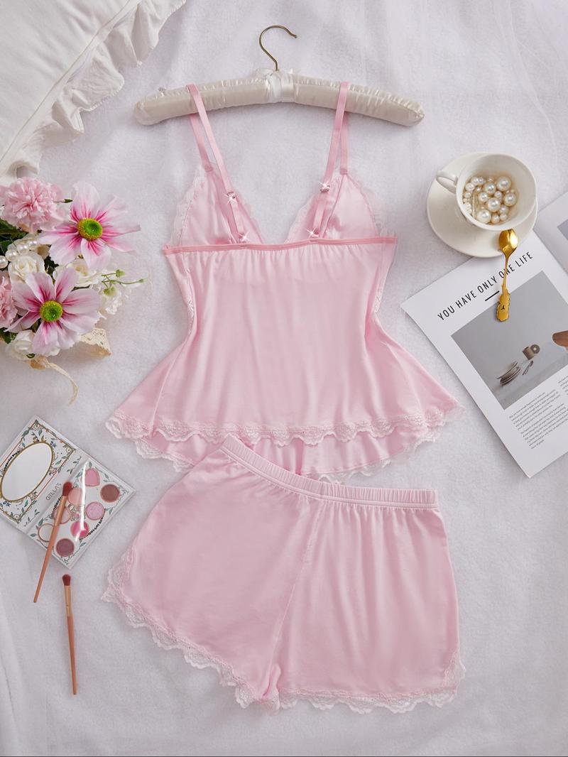 Women's Solid Color Lace Trim Cami Top & Shorts Pyjama Two-piece Set, Casual Comfy Camisole & Shorts Lingerie Set, Women's Sleepwear for All Seasons