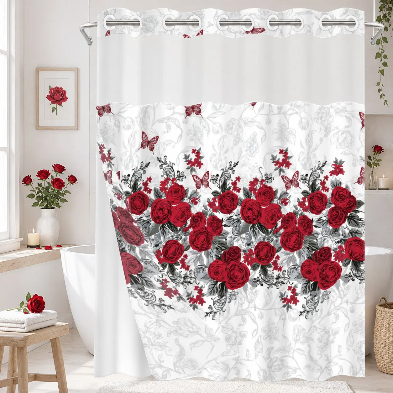 1pc hookless shower curtain, Aesthetic Decorative shower curtain, with buckle lining, pink rose and butterfly design, 2D print, fabric waterproof lining, double-layer, 71 x 74 inches, Bathroom Decoration Accessories