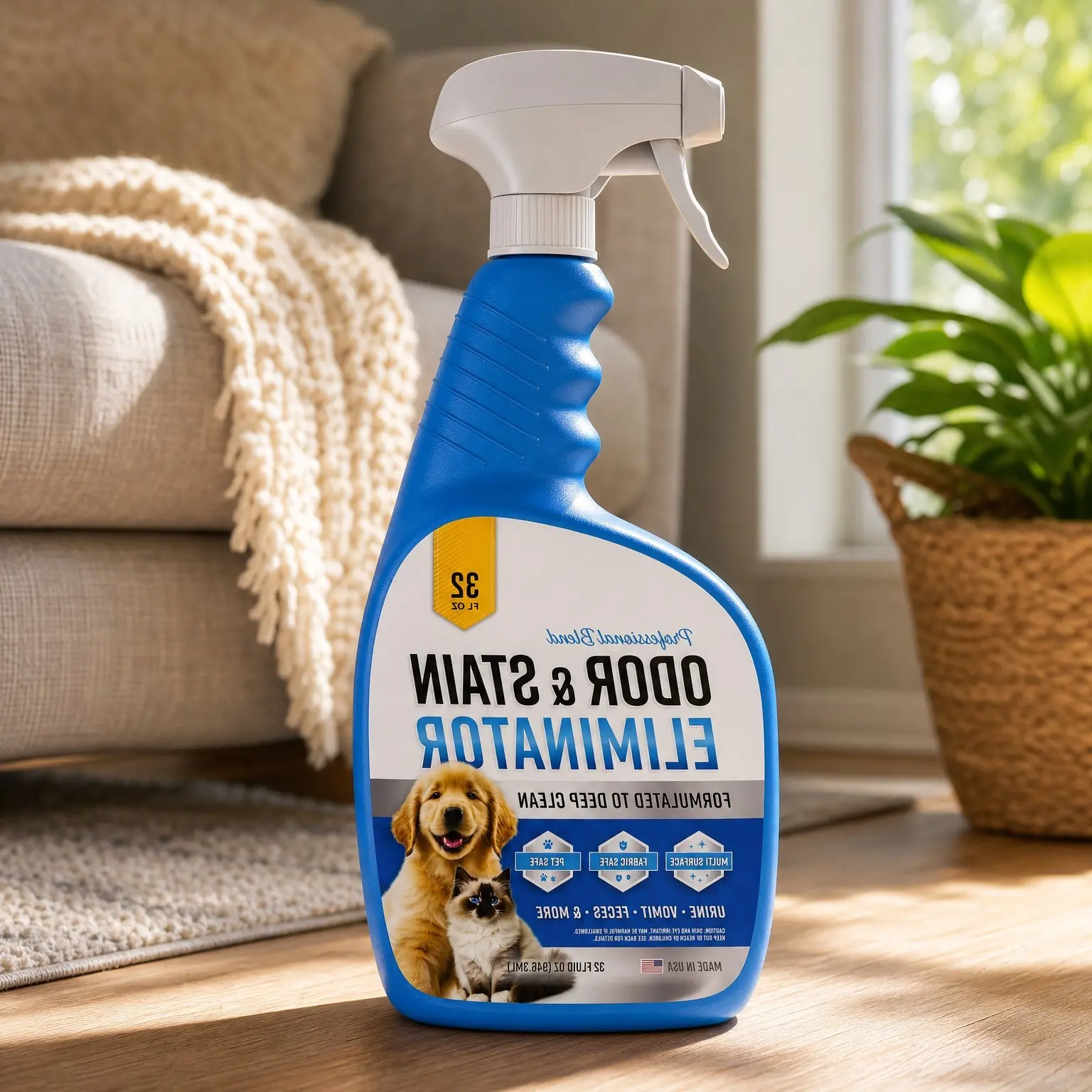 Pet Odor and Stain Eliminator - 32 oz Enzyme Cleaner for Dog & Cat Urine, Stain Remover Spray for Carpet, Upholstery, Hardwood, Spot Cleaning, Deodorizer for Dogs Cats Pets - Natural Citrus OilGift