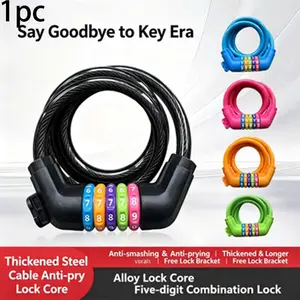 Five-Digit Password Bicycle Cable Lock, Thick Steel Wire Anti-Theft, Alloy Core, No Key Needed, Bright Colors, Free Mounting Bracket