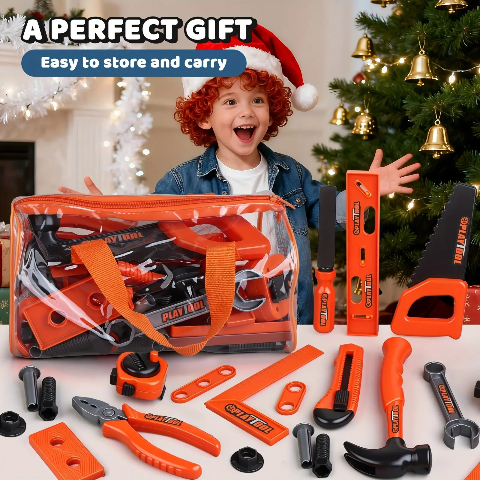 Simulation Engineering Tool Set, Pretend Play Set, Includes Hammer, Saw, Wrench, Pliers, Portable Storage Bag, Stem Educational Toy Gift, Pretend Playset