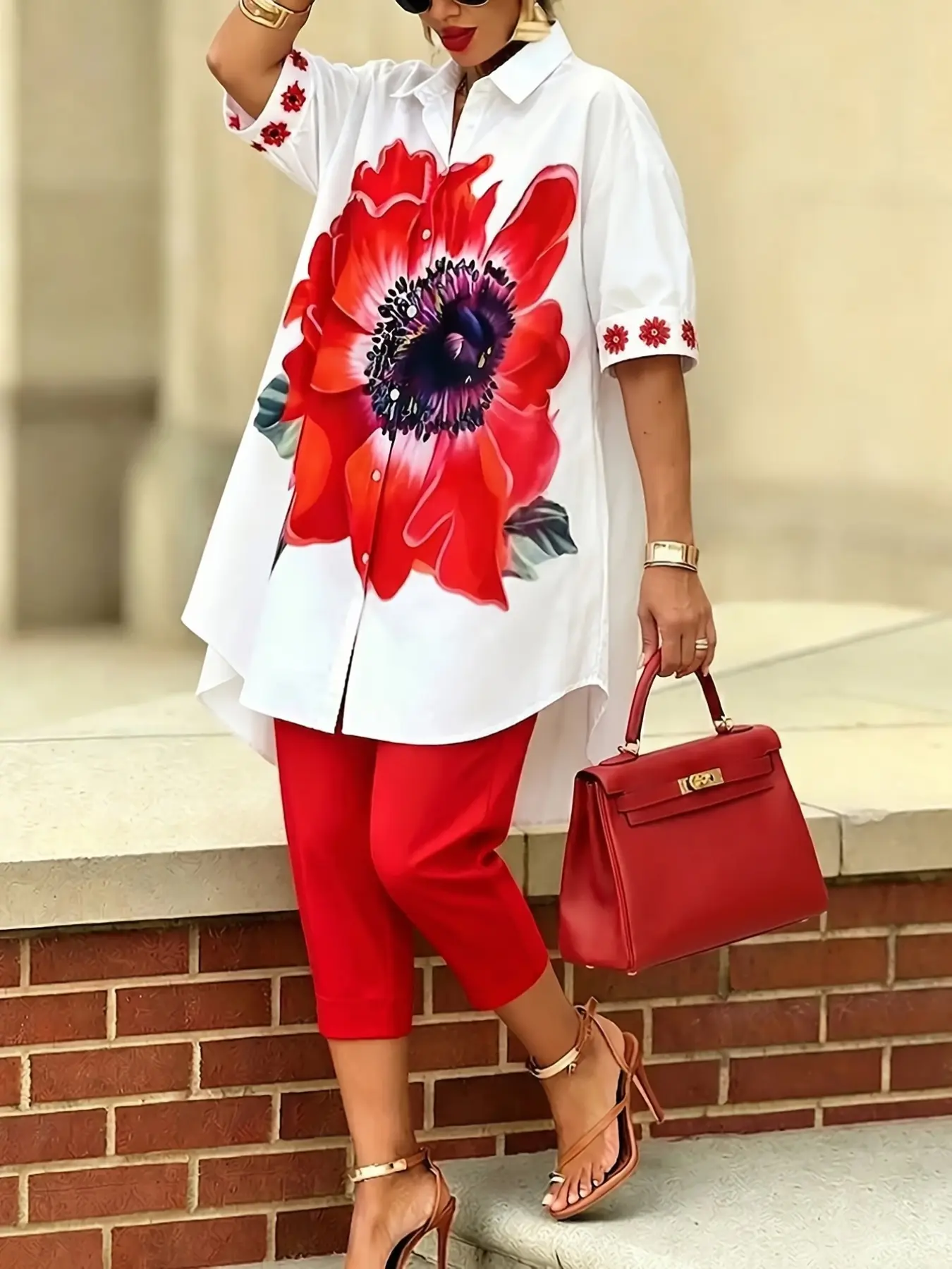 Women's Retro Floral Print Button Sleeve Shirt, High Waist Straight‑Leg Seven‑Quarter Pants Set, Casual Two‑Piece Set for Ladies