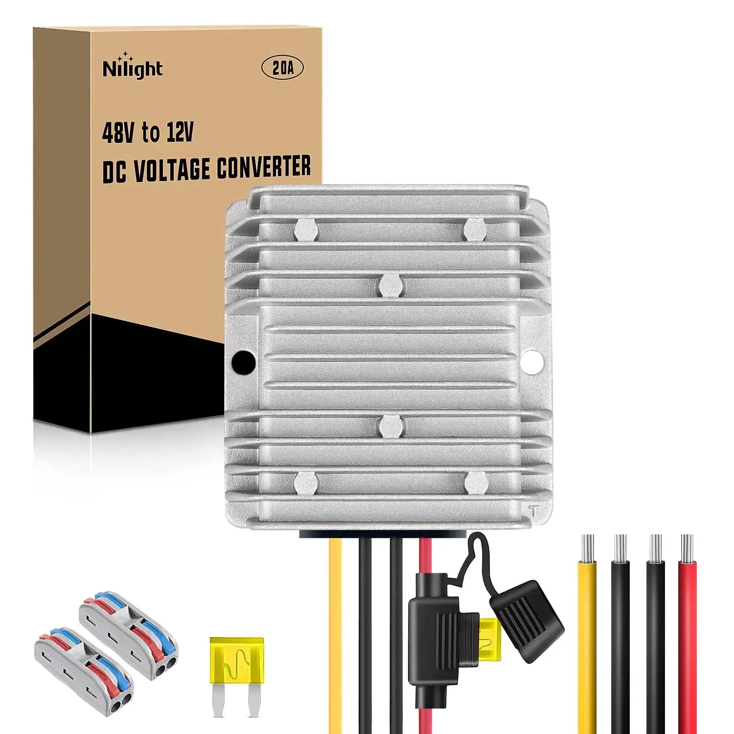 Nilight 240W 48V-to-12V 20A DC-DC Voltage Converter, Aluminum Shell, High Efficiency Automotive Trucks Accessory with 1 Fuse, 2 Quick Connect Terminals for Surveillance Systems