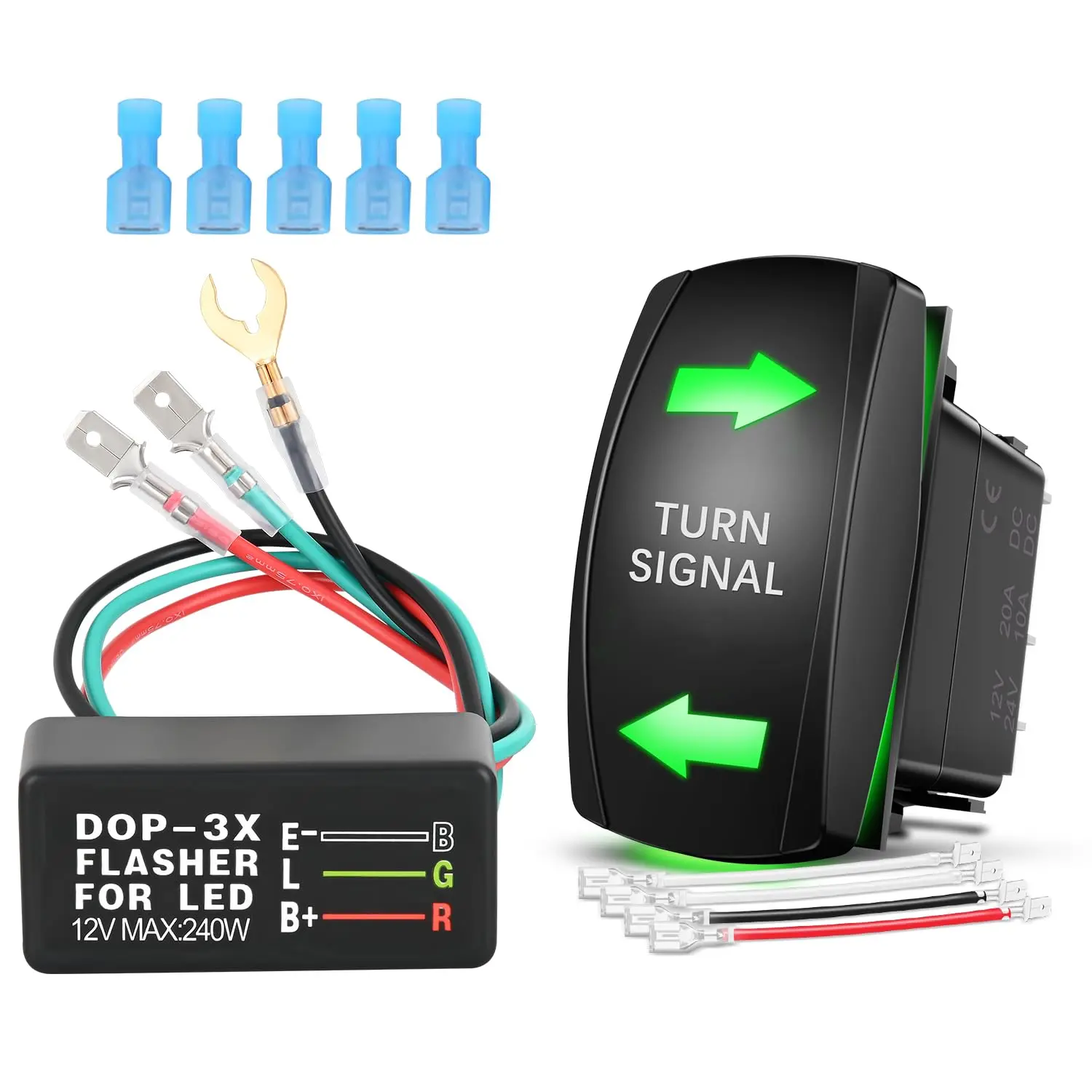 Nilight 4-Pin SPDT Rocker Switch Kit - ON-Off-ON, Green LED Laser Etched, 12V 20A/24V 10A, ABS, 1x Jumper Wires Set, 5x Blue Connectors for Golf Cart, Tractor, Suv