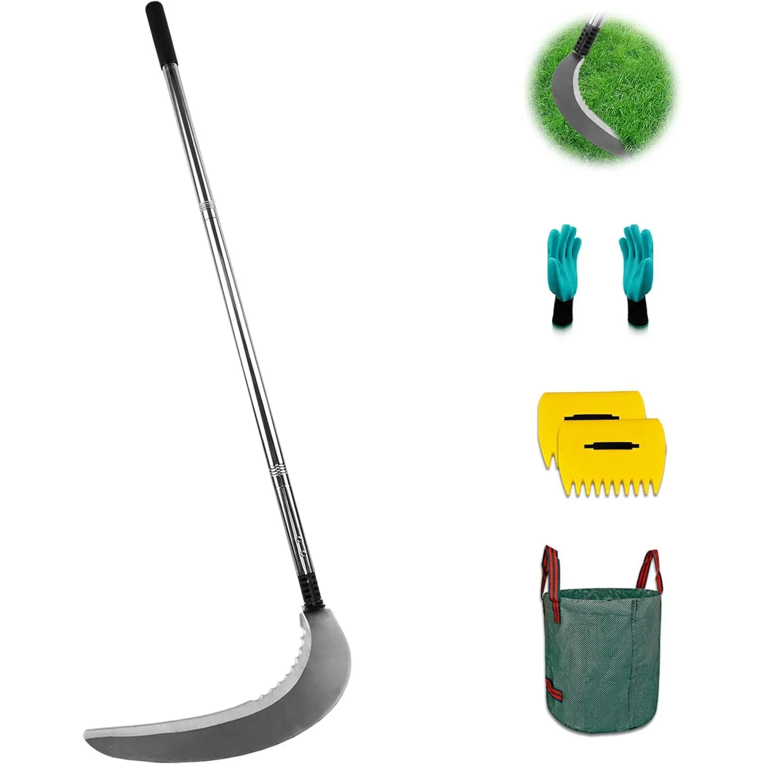Sickle Garden Tool Set, Long Handle Weeding Sickle with Serrated Double-Edged Blade, Grass Sickle Stand Up Weeding Tool with 2 Pack Leaf Scoops, 16 Gallon Lawn Bag with Gardening Gloves for Yard