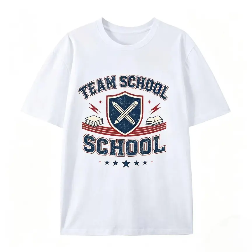 Vintage Team School Shield Book Pencil Graphic Oversized Cotton T-Shirt, Retro Collegiate Casual Outfit Comfort Fashion Tee, Perfect Valentine's Day Back To School Gift For Students Men Women, Ideal Holiday Present For Friends & Family Relaxed Short Sleev