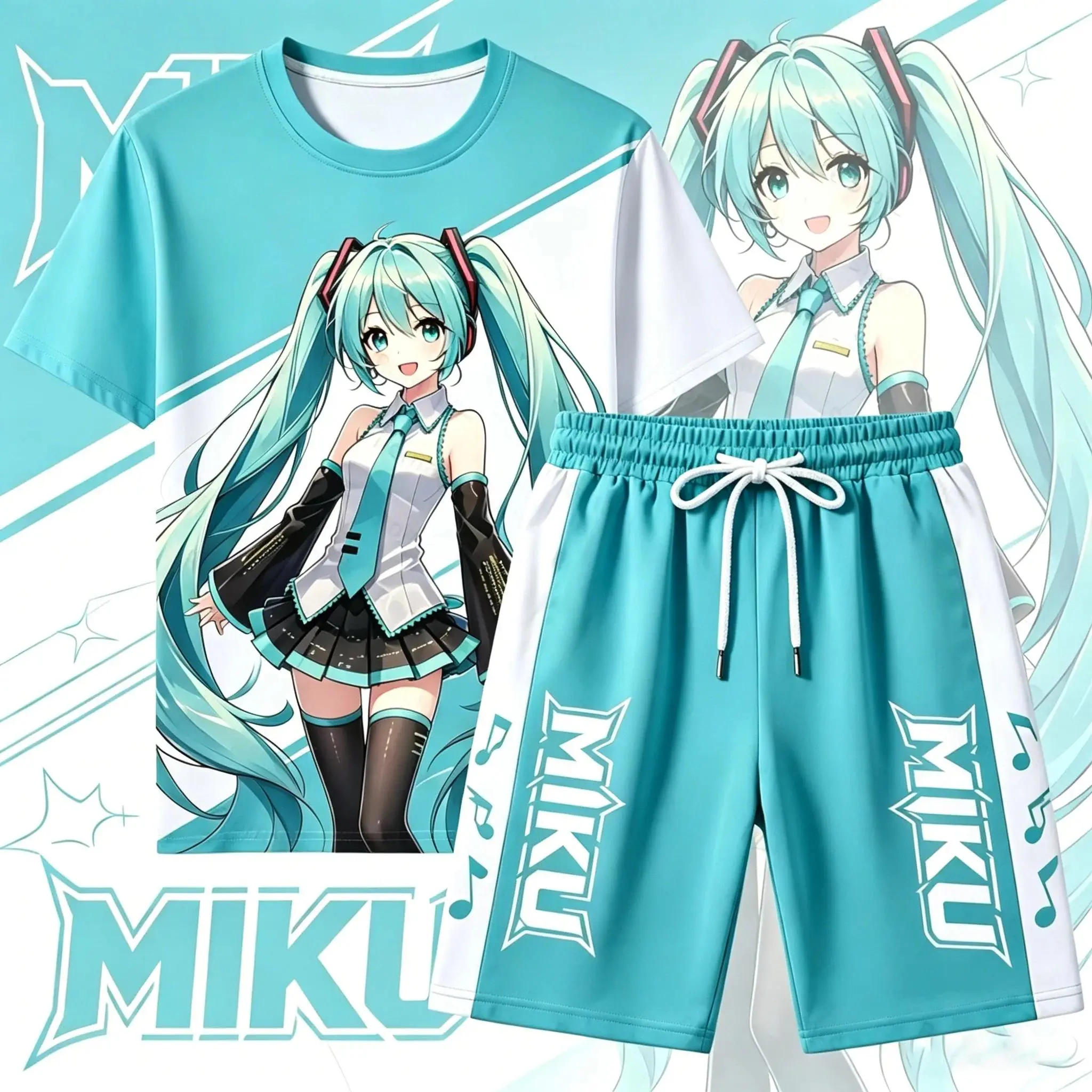 Anime Hatsune Miku Printed Soft Short Sleeve T Shirt And Shorts Pajama Set For Kids And Adults Comfortable Daily Loungewear Suit