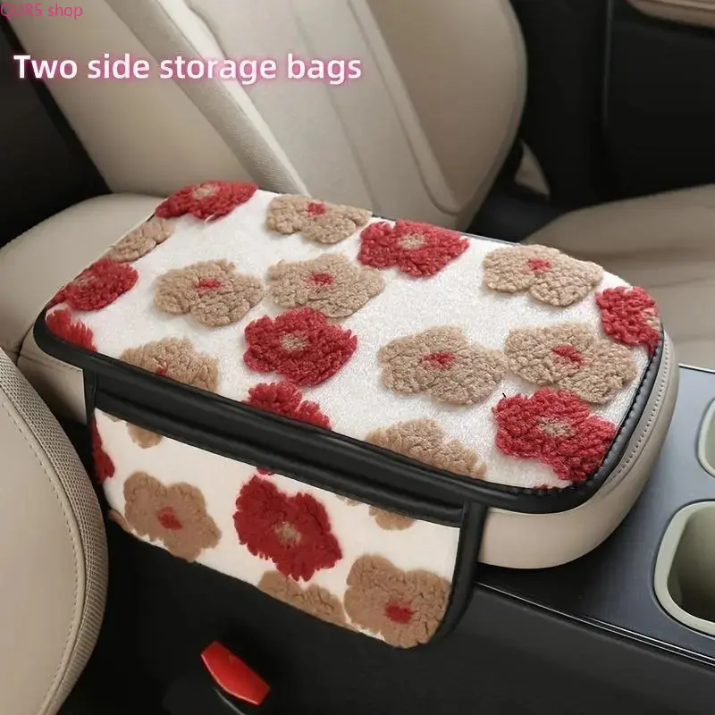 Cute Floral Plush Car Armrest Cushion, Soft Fleece Center Console Cover With Side Storage Pocket, Universal Fit Warm Winter Car Interior Decor Accessory For Most Vehicles, Cars, Car Interior Accessories