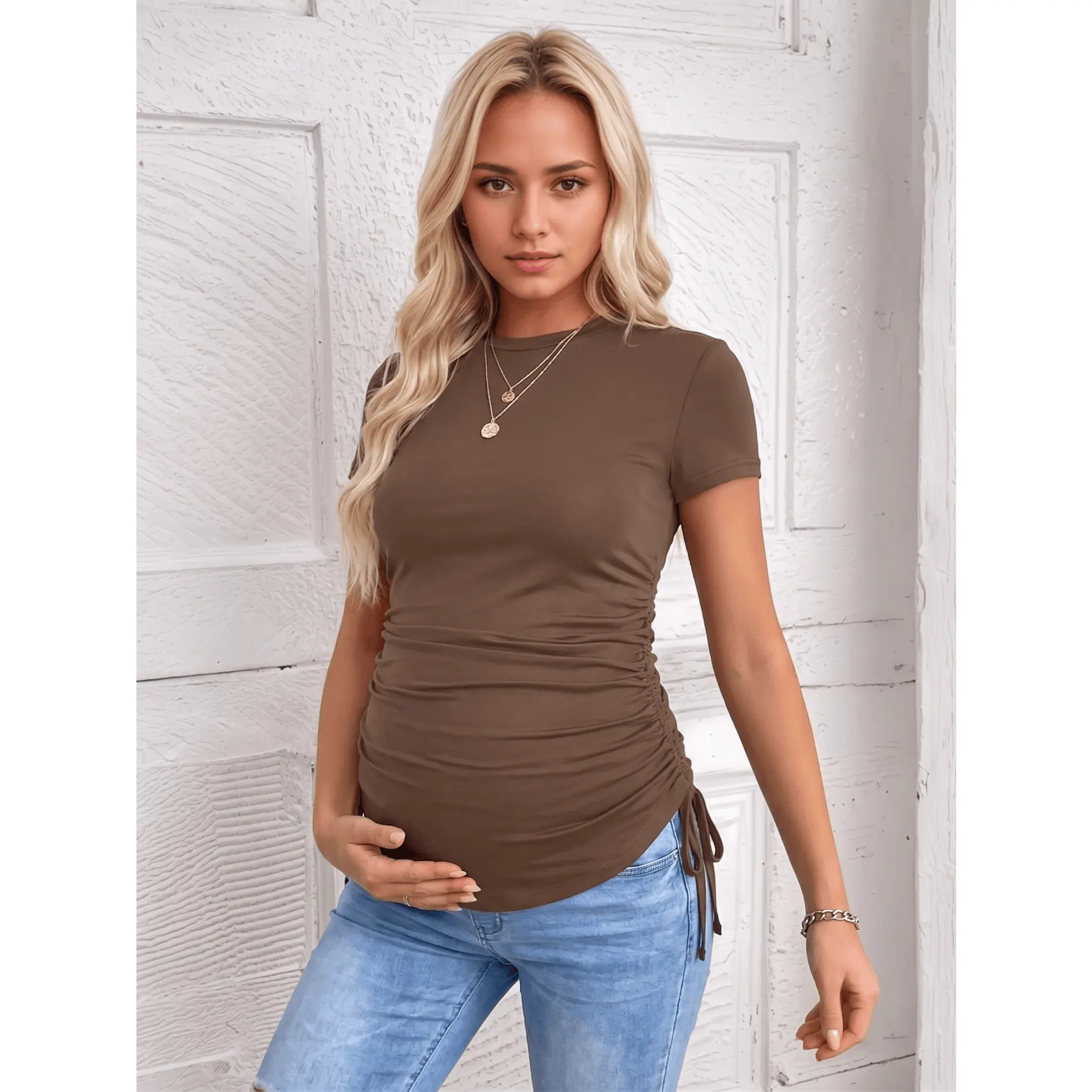 Pregnancy clothesWomen's Modest Maternity Short-Sleeve Crew Neck Sports Top - Casual, Comfortable Summer Maternity Shirt