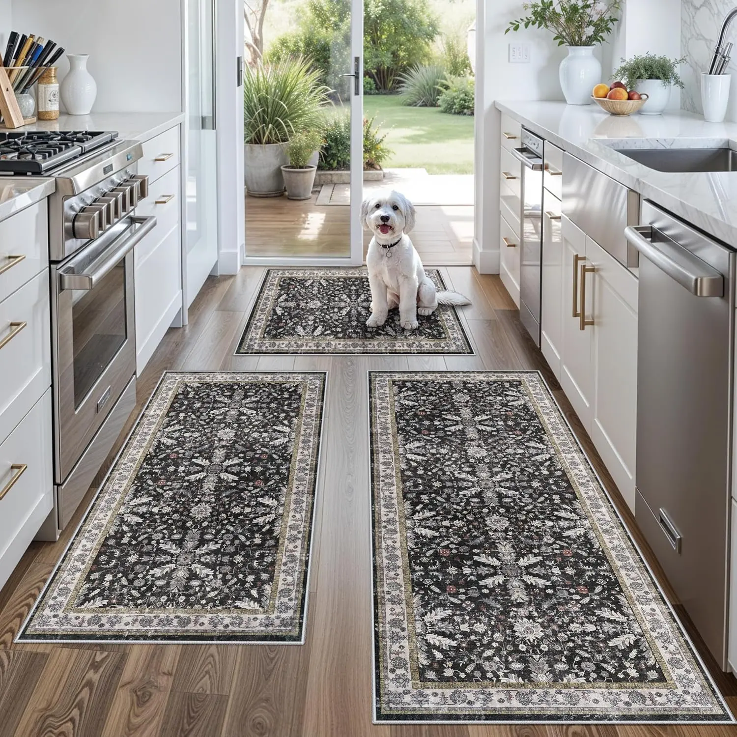 3-Piece Washable Rug Set of 3 with Runner – Non-Slip Boho Mats for, Sink & Entryway &, Home Decor (Black,2x3+2x4+2x5)
