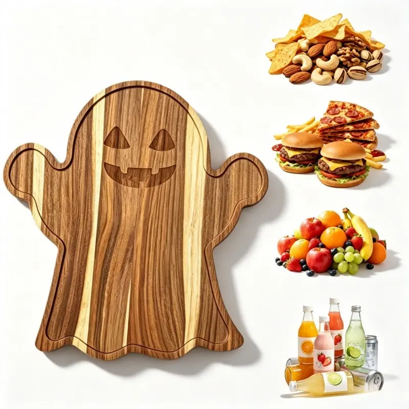 1-Piece Halloween Ghost-Shaped Wooden Charcuterie Board Serving Tray—Spooky, Cute, Gothic, Farmhouse, Autumn Aesthetic—Solid Wood Food Platter with Juice Groove and Carved Smiling Face—Home Kitchen Decor, Party, TikTok Shop, Summerween