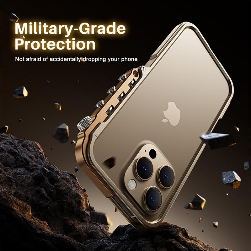 [Free !ship] Full Metal Bezel Bumper Case for iPhone 17 Pro Max16 Pro Max 17 Pro 16 Pro 16 15 14 13, Full-Frame Armor Aluminum Alloy Bumper No Back Cover, Punk armor style, Mechanical Screw Button Design, Minimalist Bare-Hand Feel Fit Lightweight