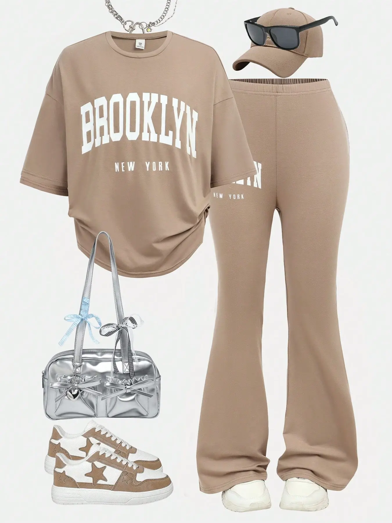 Girls' Summer Fashion Casual Sweet Cool Y2K New Letter Print Short Sleeve Micro Flare Pants Set, Perfect for Daily