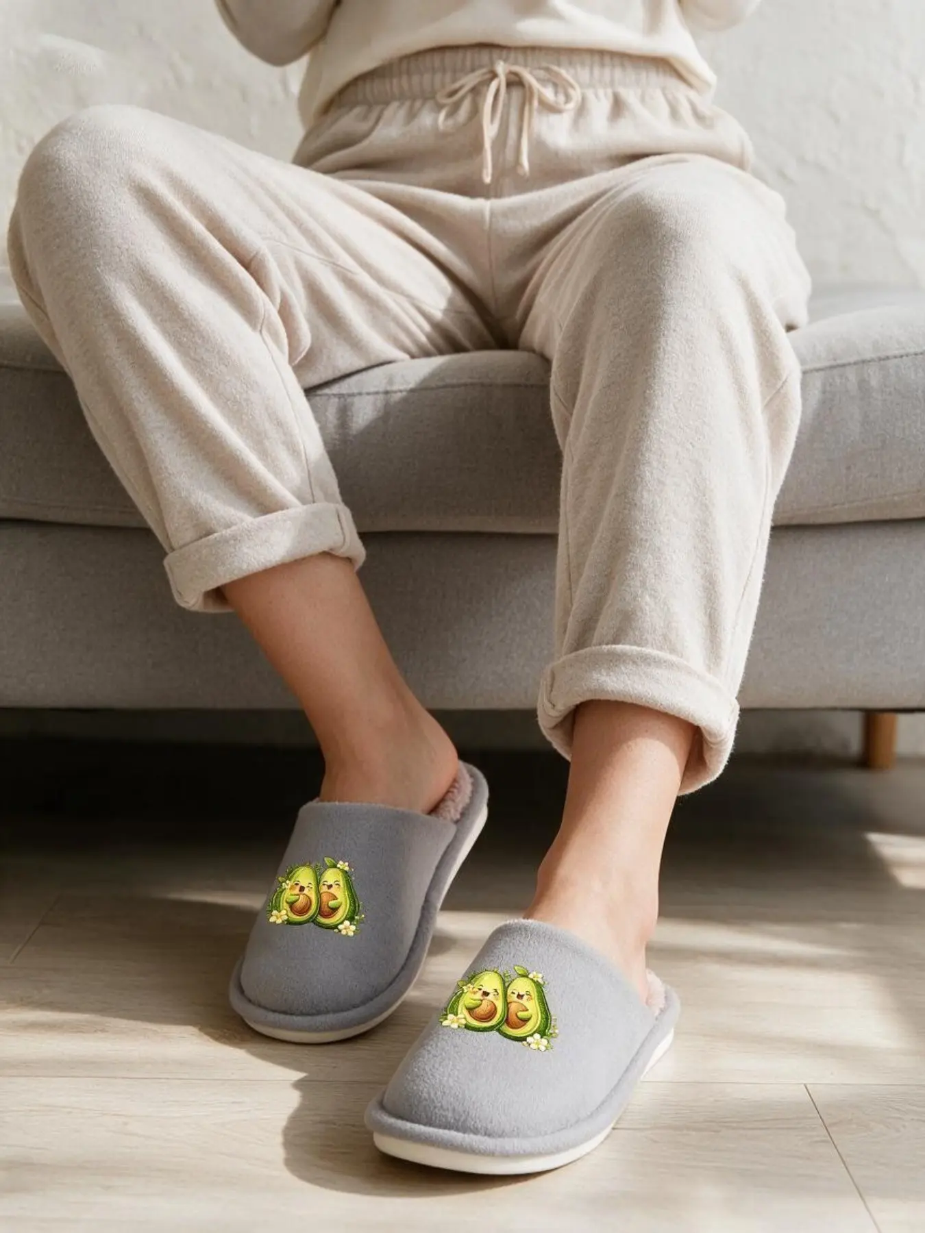 Cute Hugging Avocado Fuzzy Slippers, Soft Warm Plush Indoor House Slides, Cozy Winter Home Shoes for Women, Comfortable Footwear