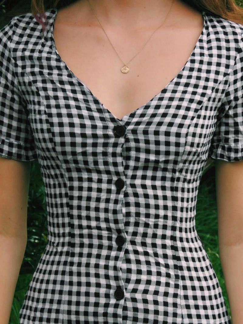 Women's Plaid Print Button Front V Neck A Line Dress, Elegant Fashion Casual Short Sleeve Dress for Daily Outdoor Wear, Summer Dresses for Women