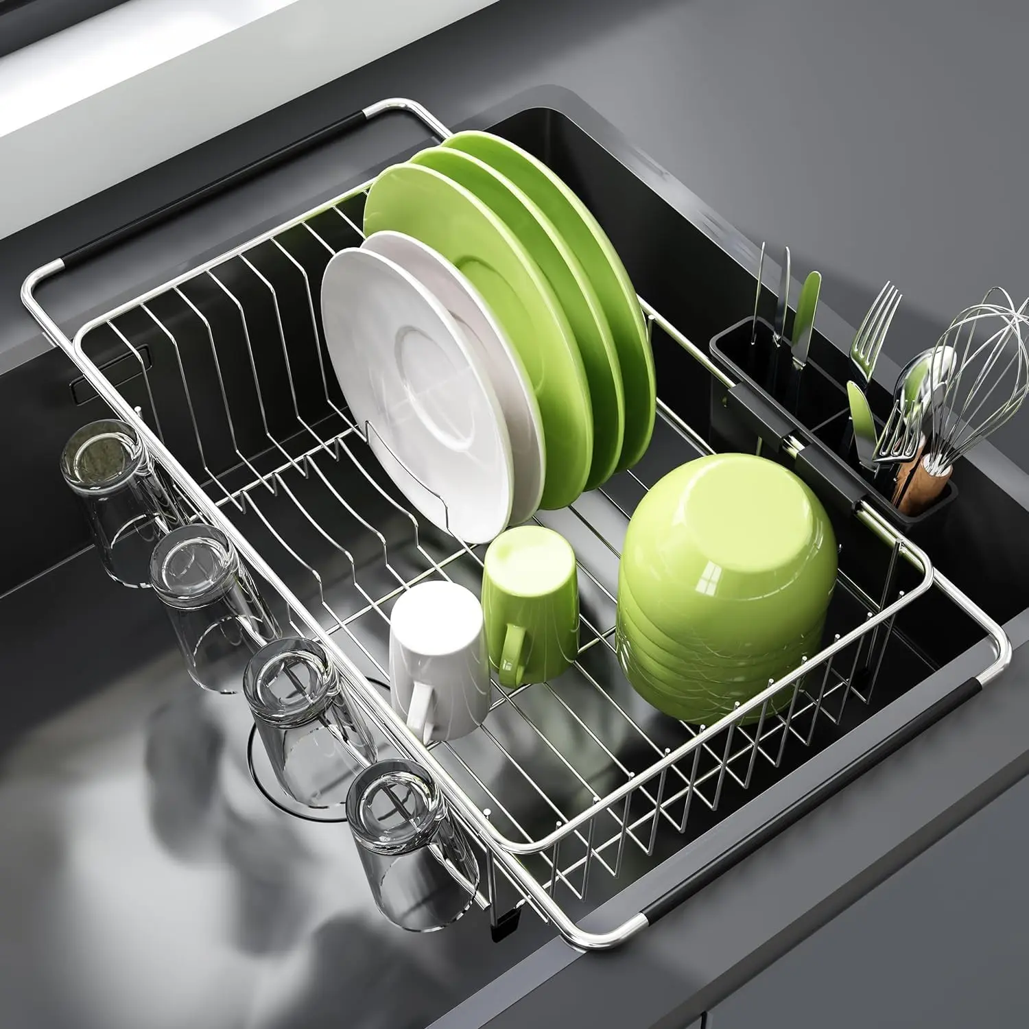 JASIWAY Dish Drying Rack in Sink, Dish Drainer with Cup and Utensil Holder
