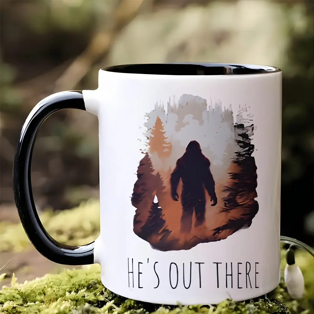 1pc 11oz Insulated Mug with Bigfoot Forest Design & "HE's OUT THERE" Text - Camping, Hiking, Home Use - Perfect Sasquatch Lover Christmas Gift, Outdoor Drinkware | Cozy Aesthetic Mug | Insulated Drinkware
