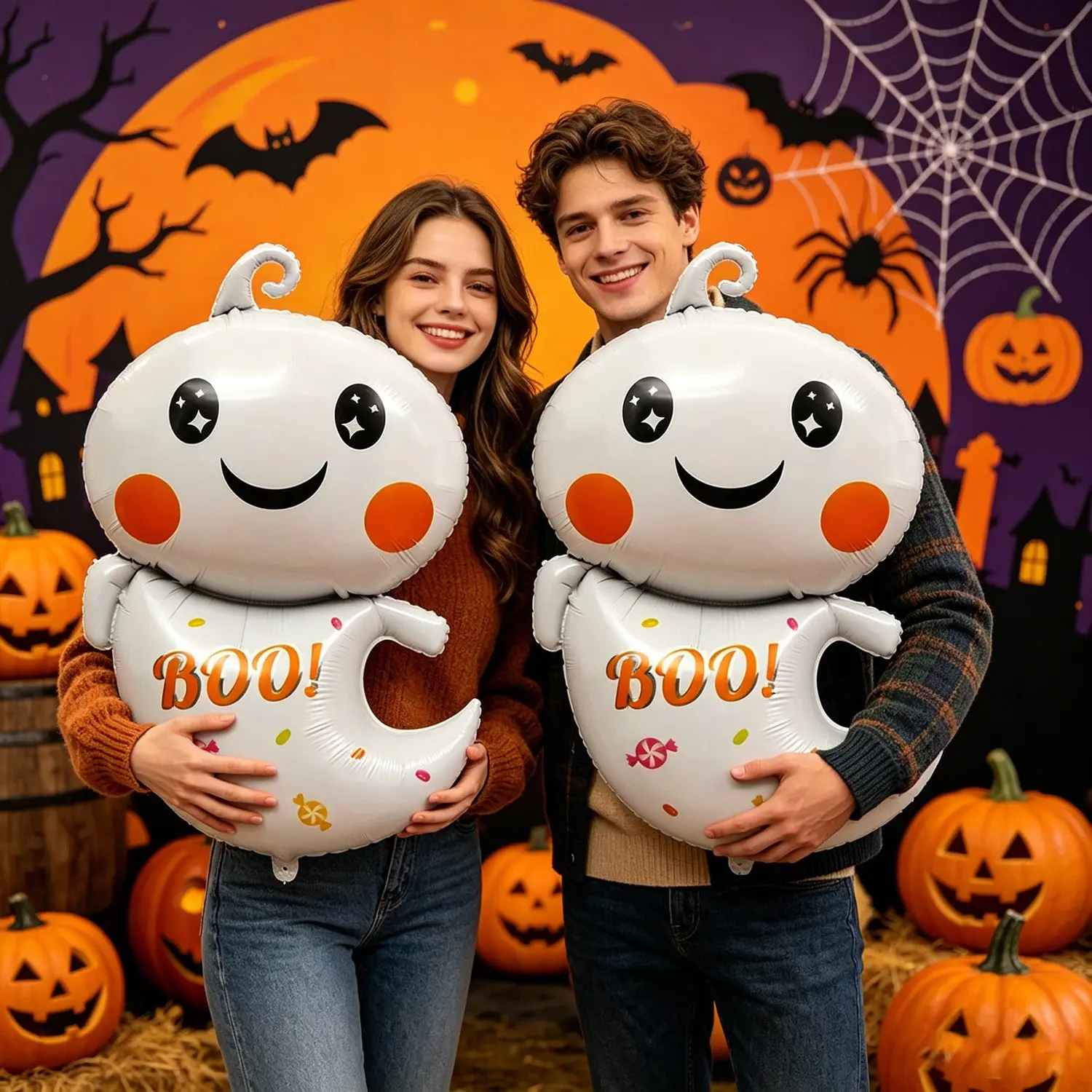 2pcs Halloween Ghost Aluminum Foil Balloons Set, Boo Cartoon Design, Perfect for Halloween, Day of the Dead, Haunted House, Trick-Or-Treat Party Decorations