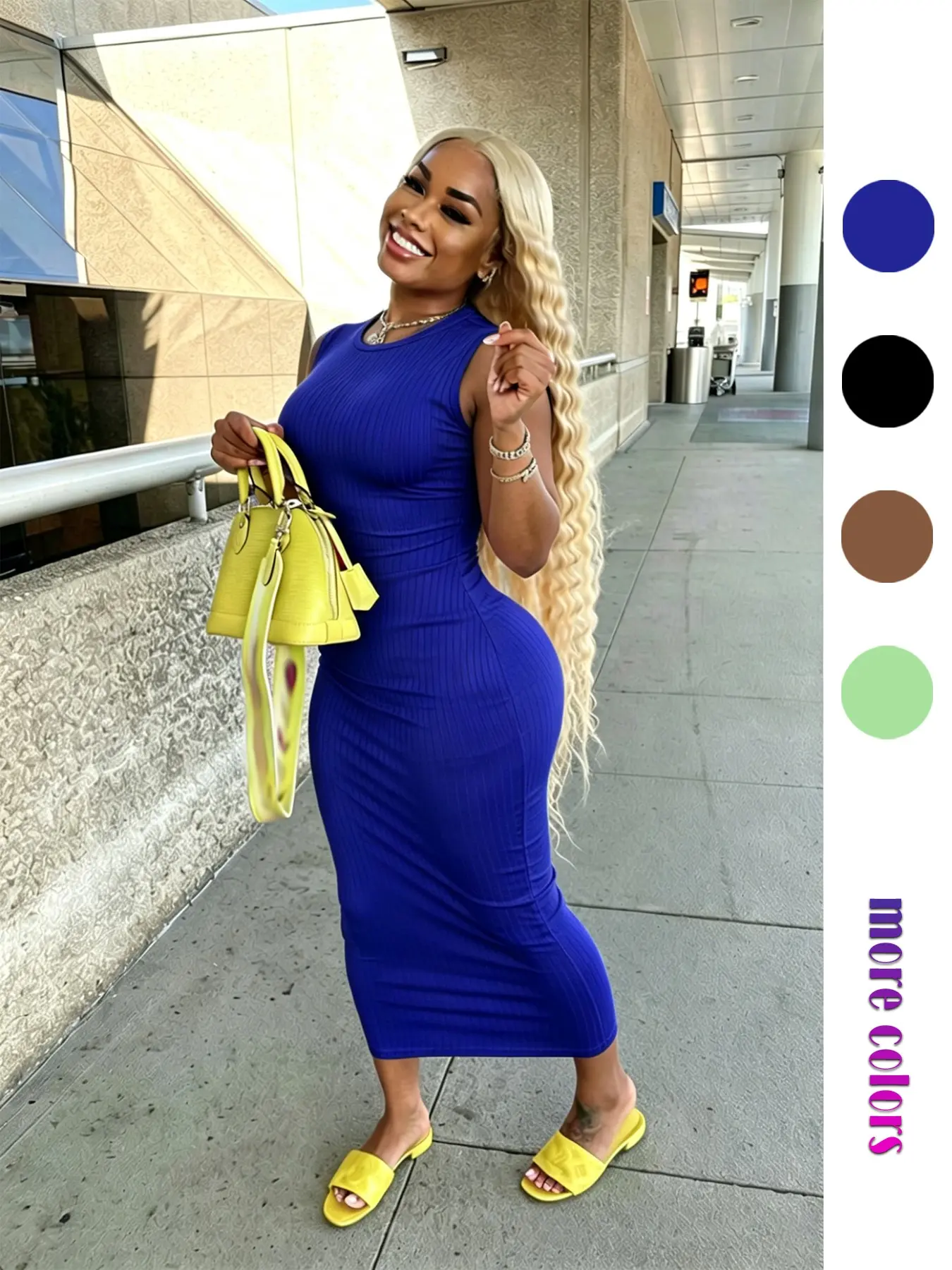 Summer Solid Color Ribbed Knit Sleeveless Crew Neck Dress, Women's Slim Fit Bodycon Midi Backless Dress, Office Casual Elegant Long Dress