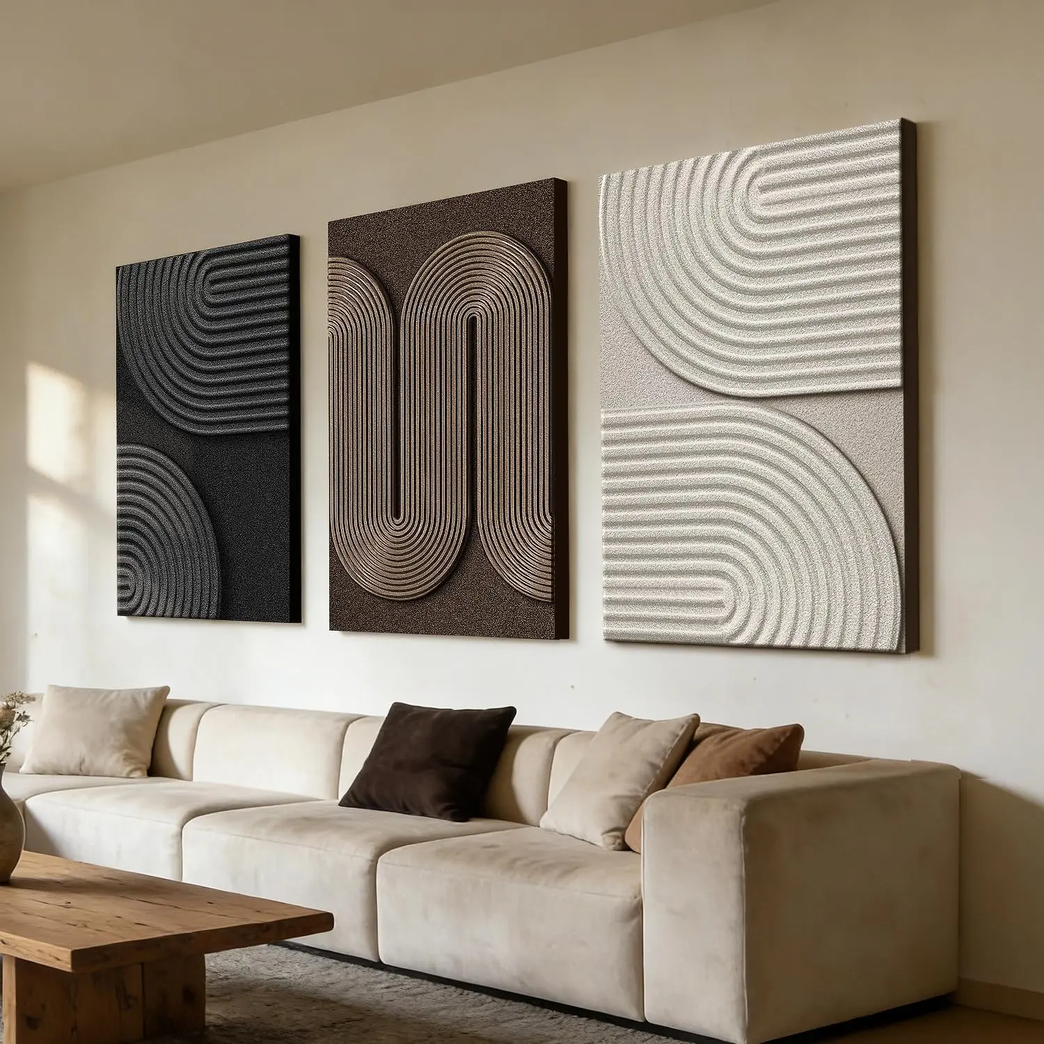 3-Piece 2D Abstract Textured Print Wall Art Set (Multi-Size: 08*12in*3pcs, 24*36in*3pcs) - Modern Black-Beige Sandstone Home Decor for Living Room, Brown Minimalist Art for Bedroom, Kid Room, 3Piece, Textured Look