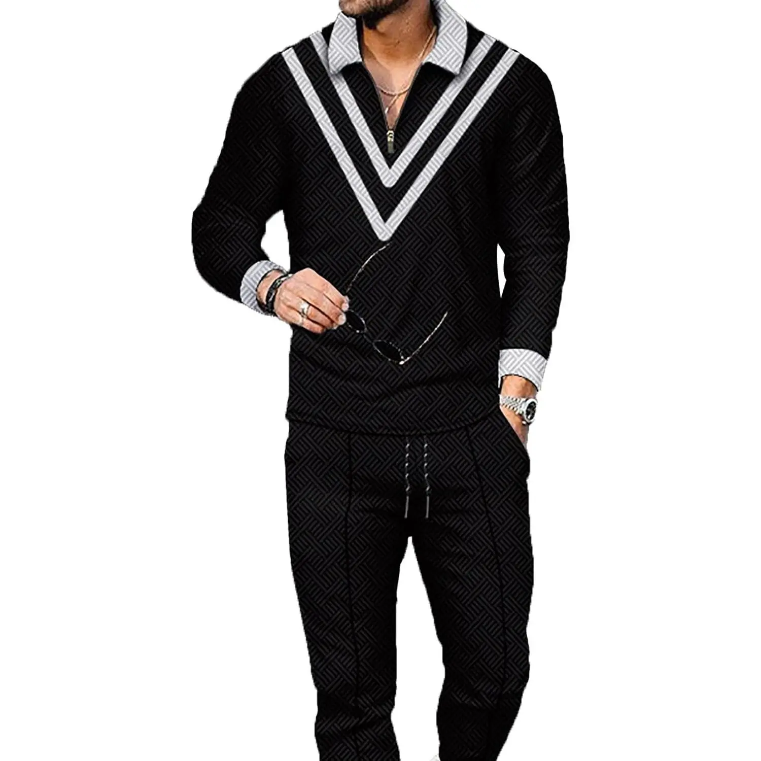 Men's 2 Piece Tracksuit Set Long Sleeve Polo Shirt & Pants Casual Jogging Sweatsuit Vacation Outfit(Gift)