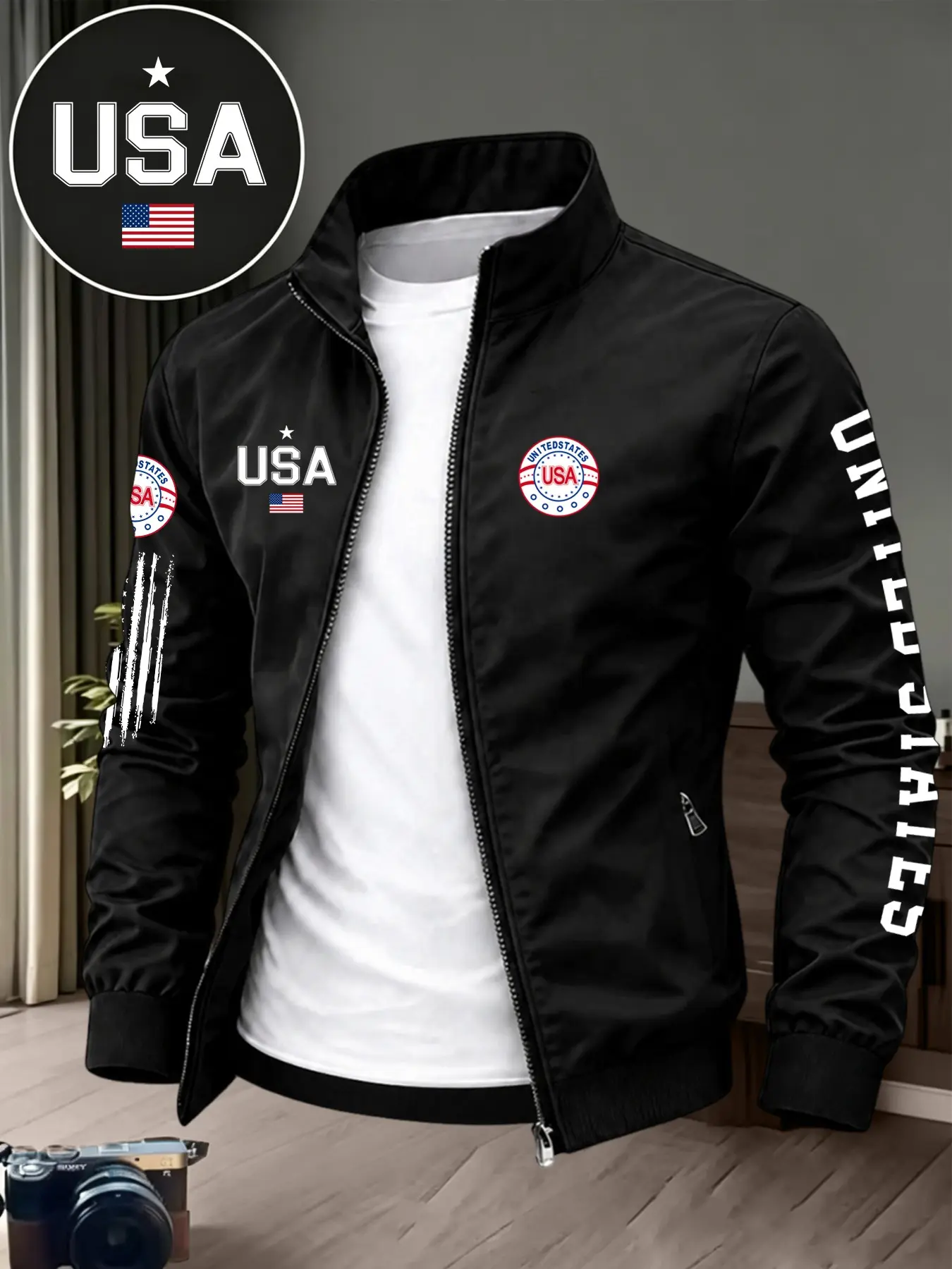 Men's Stand Collar Zipper Jacket, Casual Fashion Outerwear, American Patriotic Casual Style, Chest Usa Flag Print, Lightweight Windproof, Daily Commute