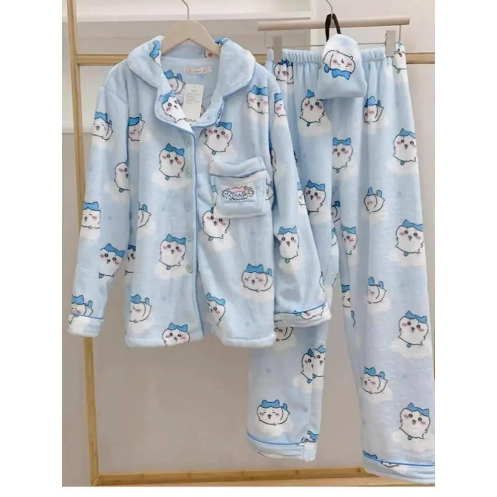 Cute Chiikawa Hachiware Pajamas Set Anime Cartoon  Flannel Sleepwear Pants Y2K Winter Warm Pajama Home Clothes Christmas Gift