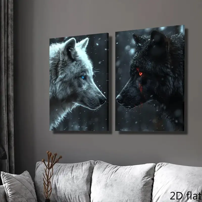 2-Pack Artistic Wolf Canvas Wall Print Set, Black & White Close-Up Photo Portraits, Classic Modern Art Deco Ink Animal Decor, Unframed for Home Office, Living Room Decoration, Spring & Summer Theme