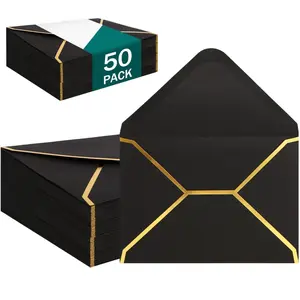 50 Pack 5x7 Inch Black Envelopes with Gold Border Self Adhesive A7 V-Flap Envelopes for Graduation Baby Shower Wedding Invitation RSVP Cards