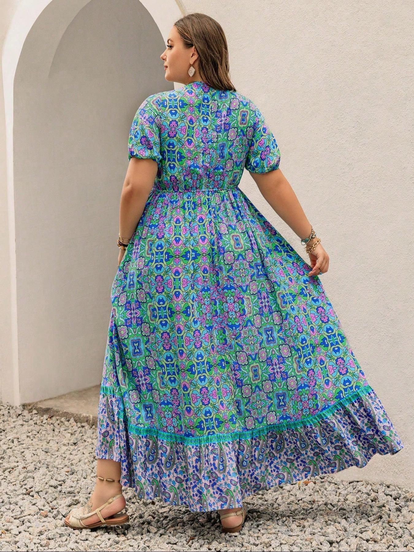 【Plus Size】 Floral Print Short Sleeve Dress, Boho Fashion Casual Dress for Beach Holiday Vacation, Women's Plus Clothing for Summer, Bohemian, Bohemian Casual Wear, Boho Summer Outfit 【Plus Size】 Floral Print Short Sleeve Dress, Boho Fashion Casual Dress for Beach Holiday Vacation, Women's Plus Clothing for Summer, Bohemian, Bohemian Casual Wear, Boho Summer Outfit