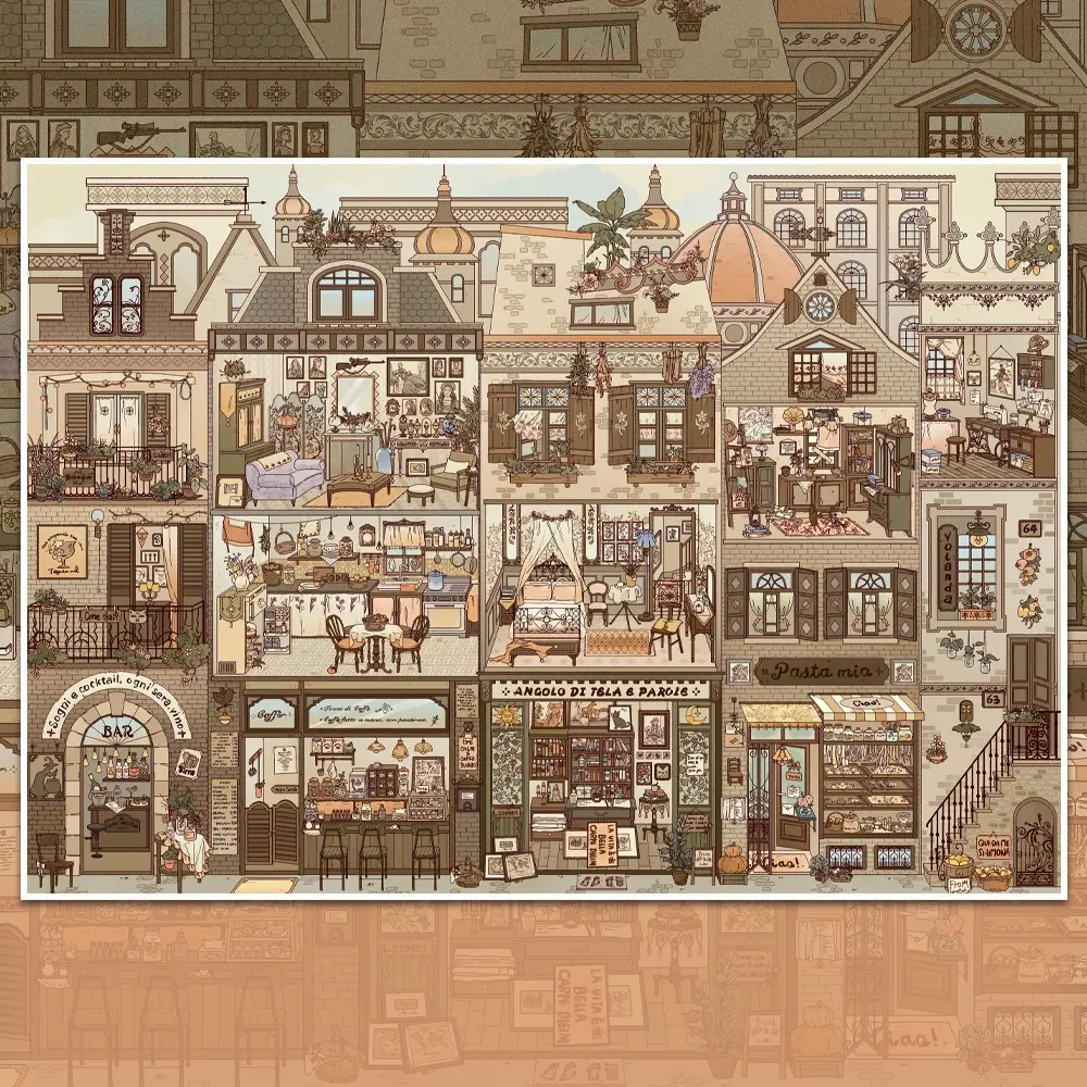 Coffee Brown Palette Cozy Cartoon Apartment Cubicle Scene Making Stickers, Retro Indoor House Stackable Transparent PET Scenery Stickers, Warm Home Landscape Diorama Supplies for Handcraft Journal Decoration, Diy Decorative Stickers, Decorative Decal