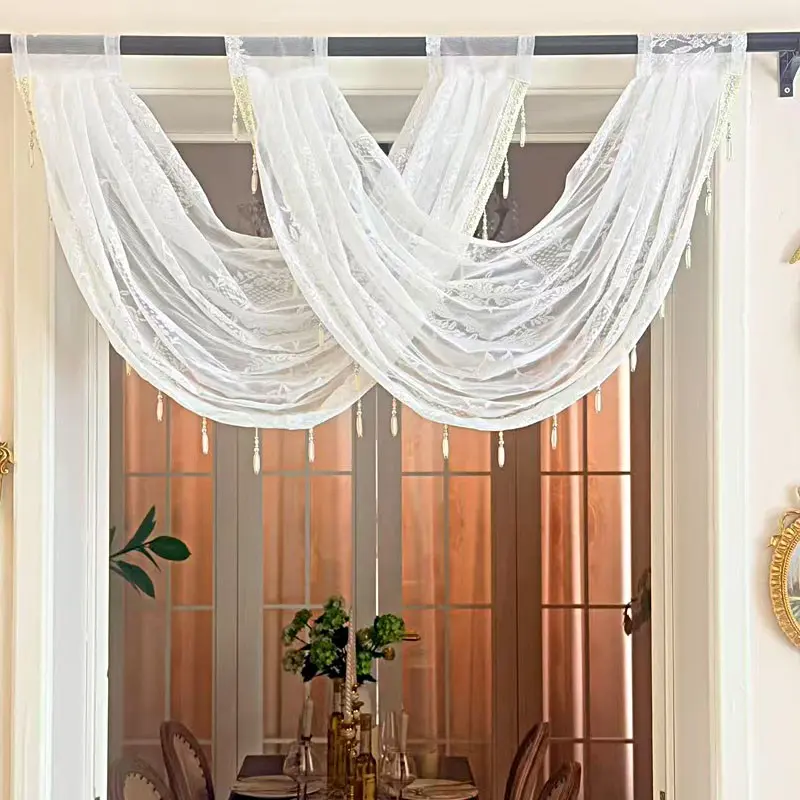 White Sheer Swag Valance Curtain Hollow Mirror Flower Jacquard Semi Transparent Window Drape with Tassels French Style Arch Doorway Decor