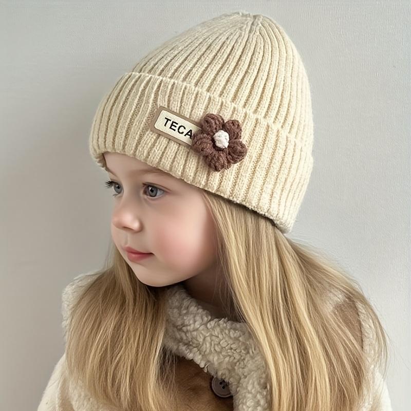 1pc Girls' Winter Hat with Floral Ear Flaps - Thick Knit Beanie, Soft Stretchy Cold Weather Cap for Toddlers & Kids Ages 3-8, Beige/ Pastel Pink/ Navy - Perfect Christmas, Birthday, Thanksgiving Gift for Girls, Seasonal Kids Wear, Playful Design, Comforta