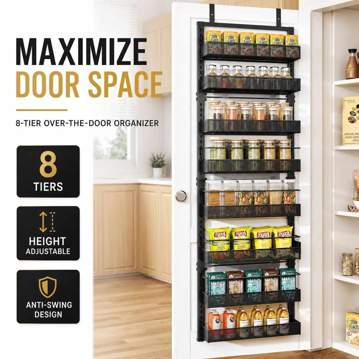 8-Tier Over-the-Door Organizer, Height-Adjustable Black Dense Mesh Baskets, Anti-Swing Pantry Spice Rack for Kitchen & Bathroom, 17" W x 6" D x 69" H