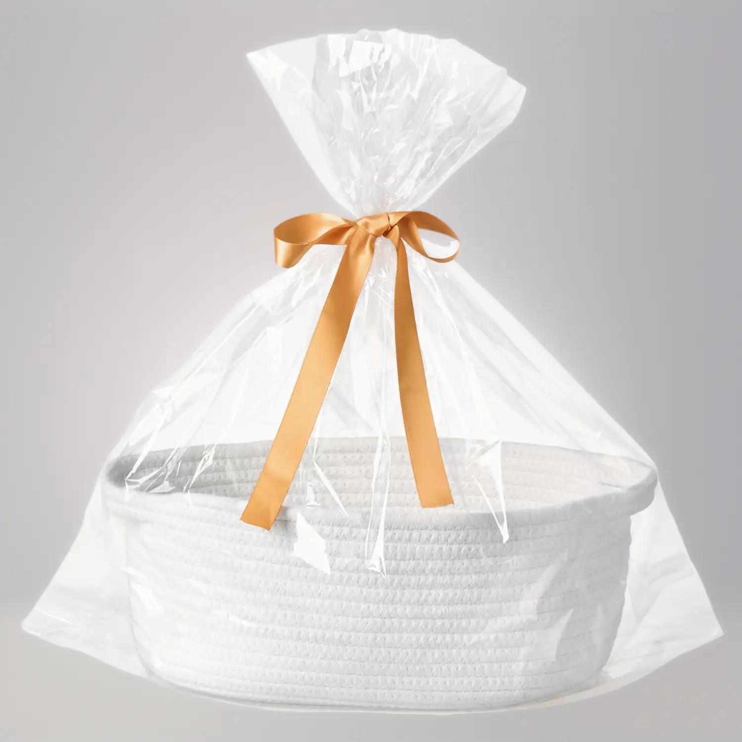 Small Woven Gift Basket Empty with Bag & Ribbon - Gifts for Mom, Baby Shower, Birthdays & Raffle - Cotton Rope Storage Basket for Dog Toys or Shelf - 12"x8"x5", White