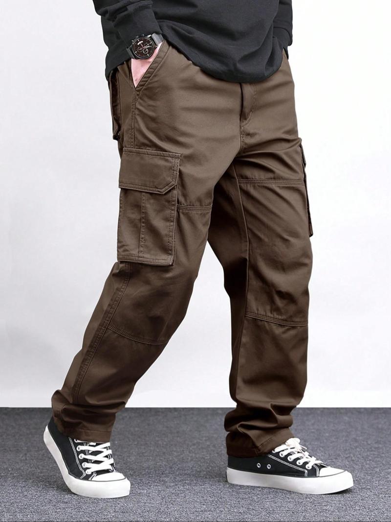 Men's Loose Solid Casual Slant Pocket Drawstring Waist Cargo Pants, Casual Street Straight Leg Trousers for Outdoor Hiking Fishing, Woven Bottoms for All Seasons Pants