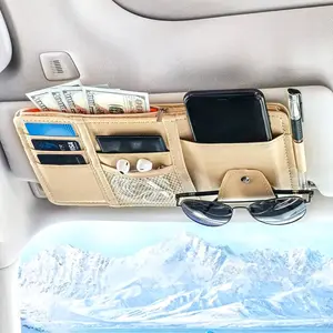 Sun Visor Organizer Auto Interior Accessories Pocket Organizer, Sunglasses Holder   Visor Storage Pouch for Cards, Pens and Document - Beige