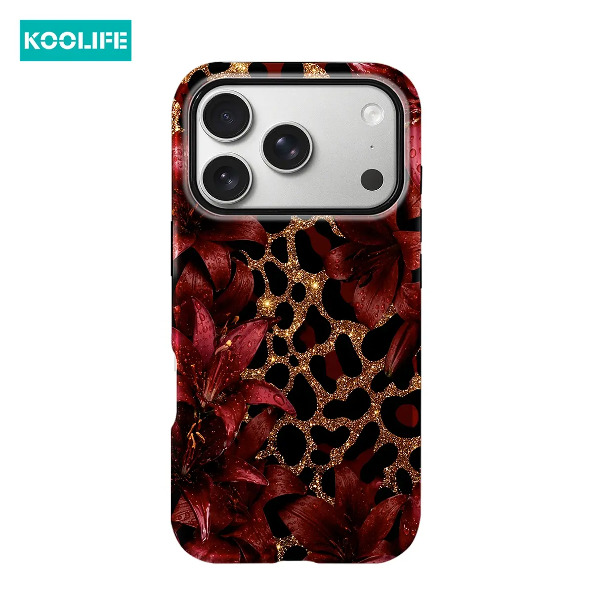 Burgundy Lily Gold Leopard Print Protective Phone Case | 2-In-1 Dual Layer Shockproof | Luxury Gift For Girlfriend Bestie | Compatible with iPhone 17 Pro Max, 17 Pro, 16 Pro Max, 15 Plus, and 14/13/12/11, Must-Have!