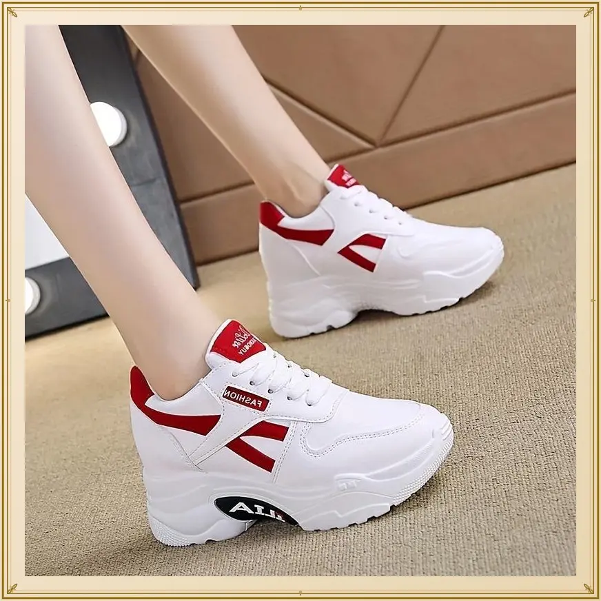 Women's Casual Dad Sneakers - White with Red Accents, Thick .inch Sole, Lace-up, All-season Height-increasing Shoes, Casual Shoes |     Platform Sneakers |     Durable rubber shoe sole