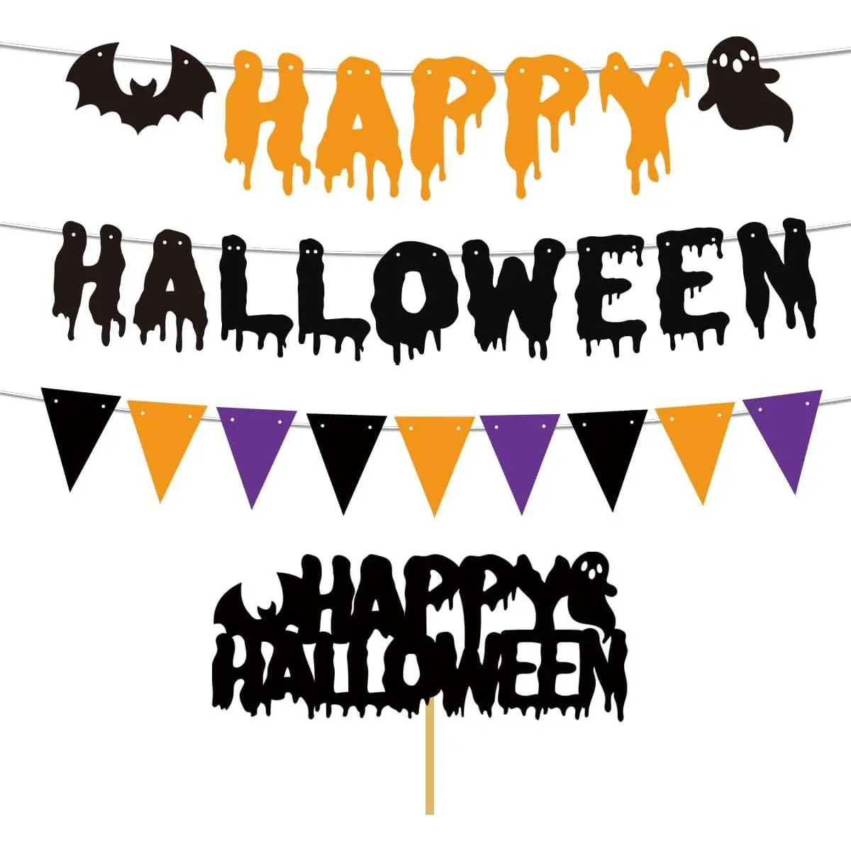 Happy Halloween Decoration Bunting with Triangle Flag, Black Bats, Pre-Assembly Halloween Themed Banner with Colorful Orange, Voilet, Black Flag for Wall Decorations Photo Props with Cake Top Banner